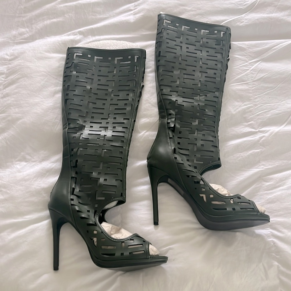Athena dark green cutout design peep toe boots.